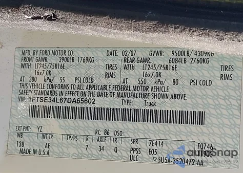 2007 Ford E-350 Super Duty Commercial/Recreational z USA, uszkodzony, nr VIN 1FTSE34L67DA65602